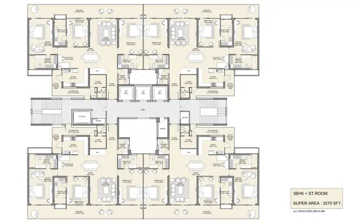 M3M The Cullinan 3 BHK + Utility floor plan, approx. 3270 sq ft