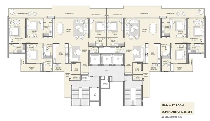 M3M The Cullinan 4 BHK + Utility floor plan, approx. 4315 sq ft